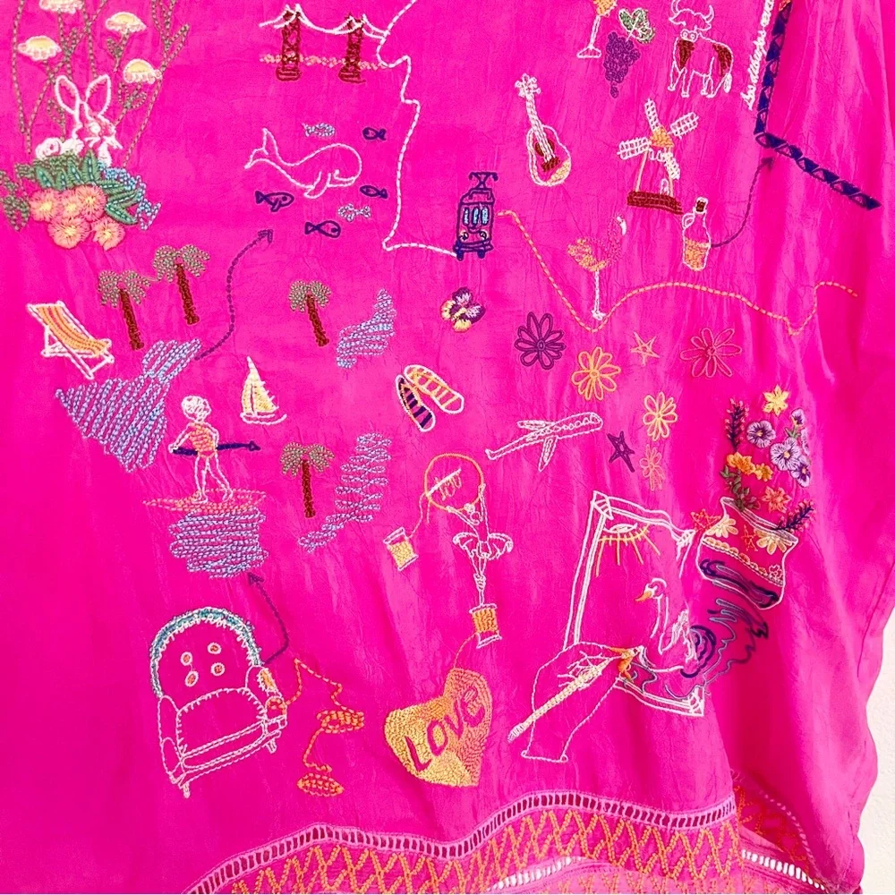 JOHNNY WAS Zadonia Embroidered Tie Neck Blouse in Fuchsia Pink